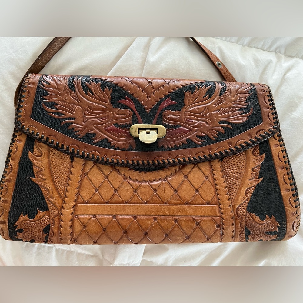 *RARE* Antique hand stamped dragon design leather shoulder strap bag